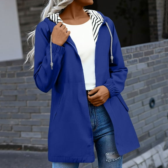 BADHUB Plus Size Rain Jacket for Women Waterproof Windbreaker Lightweight Pockets Striped Lined Raincoats with Hood Blue XL