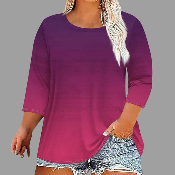 BADHUB Plus Size Women Tops Gradient Crew Neck Casual 3/4 Lenght Sleeve Hide Belly Tunic Blouses