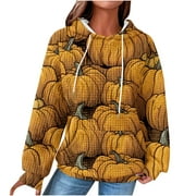 BADHUB Prime Day Deals 2023 Halloween Hooded Sweatshirt for Women,Pumpkin Gaphic Casual Drawstring Hoodie Waffle Knit Loose Comfy Holiday Pullover with Kangaroo Pocket
