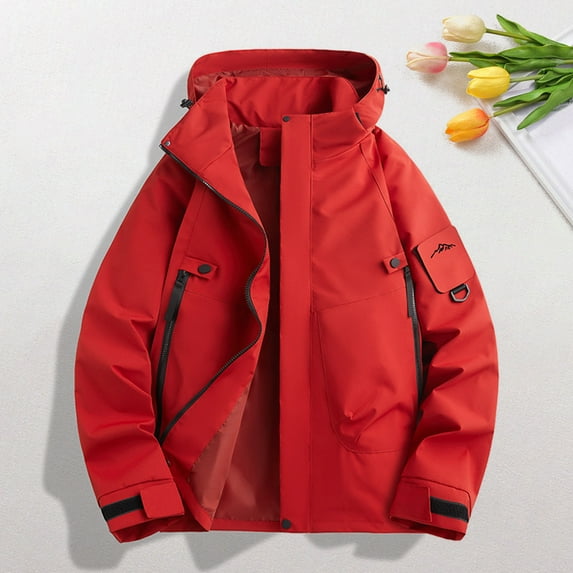 BADHUB Rain Jacket Men Waterproof With Hood Pockets Casual Long Sleeve Hiking Travel Windbreaker Sun Protection Zip Up Softshell Red M