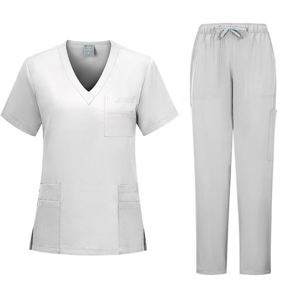 BADHUB Scrub Set for Women Clearance Classic V-Neck Pocket Scrubs Top & Cargo Pants Solid Color Short Sleeve Nursing Uniform Scrub Set Holiday Deals