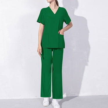 BADHUB Scrubs Set for Women Clearance V- Neck Solid Color Nurse Uniform Scrubs Set Classic Scrubs Top and Pants with Pocket Holiday Deals