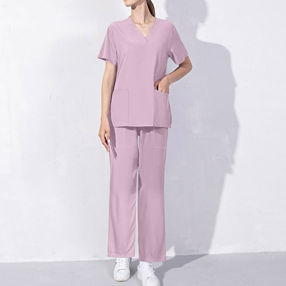 BADHUB Scrubs for Women Set Classic V-Neck Pocket Top & Elastic Waist Cargo Scrub Pants Stretch Nursing Uniform Set