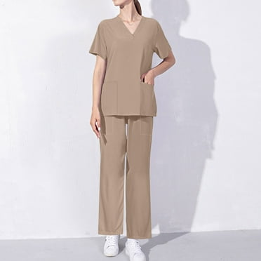 BADHUB Scrubs for Women Set Clearance Classic V-Neck Pocket Top & Elastic Waist Cargo Scrub Pants Stretch Nursing Uniform Set Holiday Deals