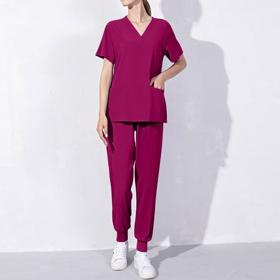 BADHUB Scrubs for Women Set Stretch V-Neck Scrub Top & Jogger Pant Solid Color Nurse Uniform Scrub Sets for Women with Pockets