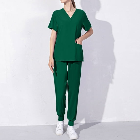 BADHUB Scrubs for Women Set Stretch V-Neck Scrub Top & Jogger Pant Solid Color Nurse Uniform Scrub Sets for Women with Pockets