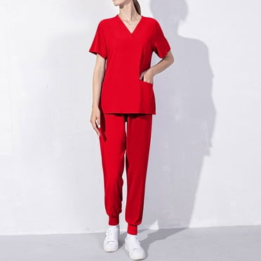 BADHUB Scrubs for Women Set Stretch V-Neck Scrub Top & Jogger Pant Solid Color Nurse Uniform Scrub Sets for Woman with Pockets Holiday Deals