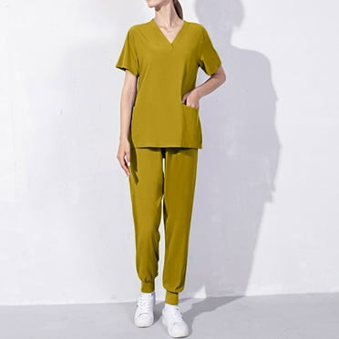 BADHUB Scrubs for Women Set Stretch V-Neck Scrub Top & Jogger Pant Solid Color Nurse Uniform Scrub Sets for Woman with Pockets Holiday Deals