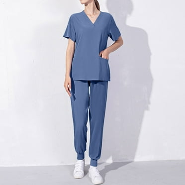 BADHUB Scrubs for Women Set V-Neck Pocket Top & Drawstring Jogger Scrub Pants Stretch Nursing Scrubs Set Uniform Holiday Deals