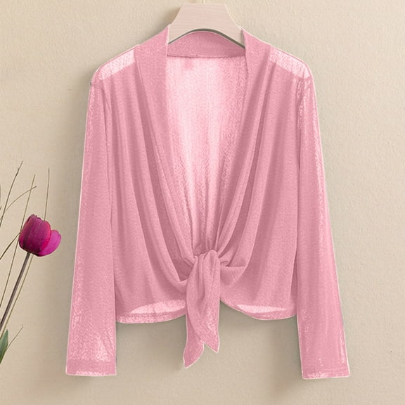 BADHUB Sheer Bolero Shrug for Women Long Sleeve Lightweight Casual Summer Fall Vacation Draped Cardigan Shawl Pink 2XL