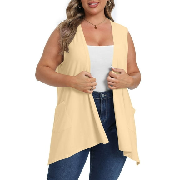 BADHUB Sleeveless Cardigans for Women Plus Size Summer Long Vest Lightweight Open Front Shrug Boleros with Pockets Beige 3XL