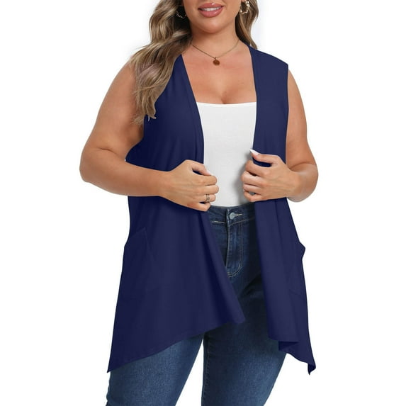 BADHUB Sleeveless Cardigans for Women Plus Size Summer Long Vest Lightweight Open Front Shrug Boleros with Pockets Navy 2XL