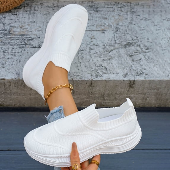 BADHUB Sneakers for Women Slip On Work Running Sneakers Loafers Chunky Heel Shoes Soft Cushion Comfortable Walking Flats Shoes White 42