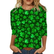 BADHUB St.Patrick's Day Womens 3/4 Sleeve Shirts Blouses Comfy Crewneck Three Quarter Sleeve Tshirt Casual Tunic Shirts Green Clover Graphic Tee Pullover Holiday Deals