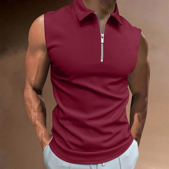 BADHUB Summer Tank Tops for Men Sleeveless Lapel 1/4 Zip Golf Tennis Workout Muscle Shirts Red L