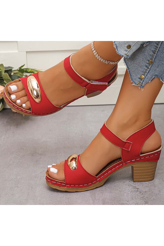Thick Heel Sandals for Women Peep Toe Wide Width Casual Leather Outdoor Comfortable Walking Shoes with Adjustable Ankle Strap Red 42