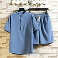 thumbnail image 1 of BADHUB Two Piece Linen Outfits for Men, Mens Cotton Linen Set Solid Color Short Sleeve Button Down Henley Shirts and Large Size Drawstring Shorts with Pcket, 1 of 5