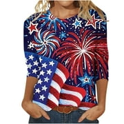 BADHUB Under 20 Women's Crewneck 3/4 Sleeve American Flag Print Independence Day Stars and Stripes Shirts Top Bleached Graphic Tees Blouse XL
