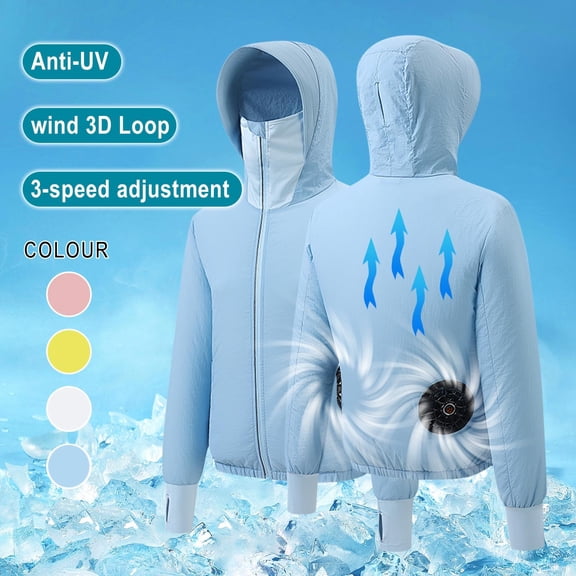 BADHUB Unisex Summer Cooling Fan Jacket with Face Mask USB Sun Protective Quick Dry Hiking Jackets Men Women Air Conditioning Fishing Coat with Thumb Holes S-3XL Light Blue