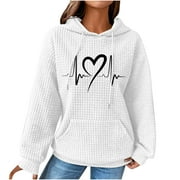 BADHUB Weekly Deals Waffle Knit Hoodie for Women,Cute Heartbeat Print Teen Girls Y2K Hooded Pullover Tops Casual Long Sleeve Drawstring Sweatshirt with Kangaroo Pocket