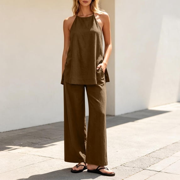 BADHUB Women 2 Piece Matching Lounge Sets Split Backless Tank Tops Wide Leg Pants Summer Outfits Tracksuit Brown S
