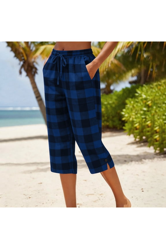 Women Capri Pajama Pants Wide Leg Lounge Sleep Pants Soft Comfy Drawstring Pj Bottoms with Pockets Blue L