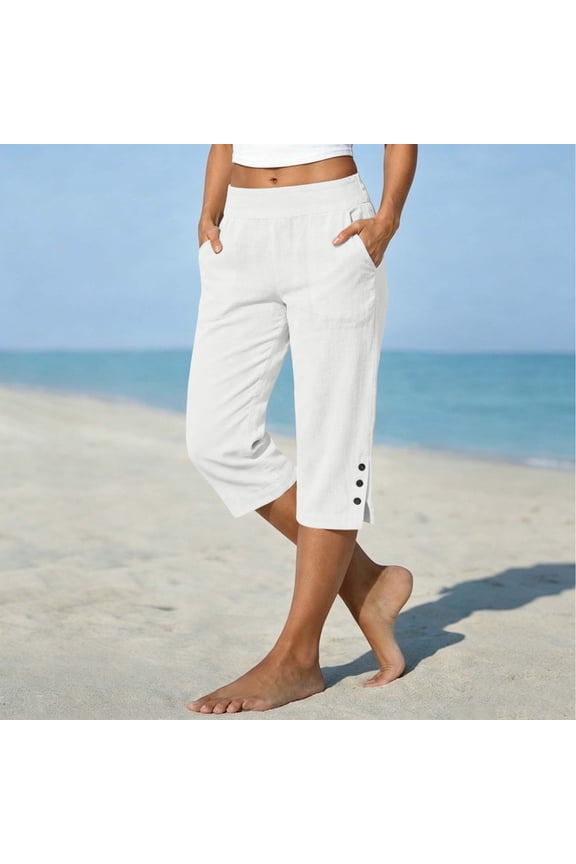 Women Capris SLoose Straight Leg Pants With Pockets Side Slit Casual Loose Fit Pants with Pockets White S