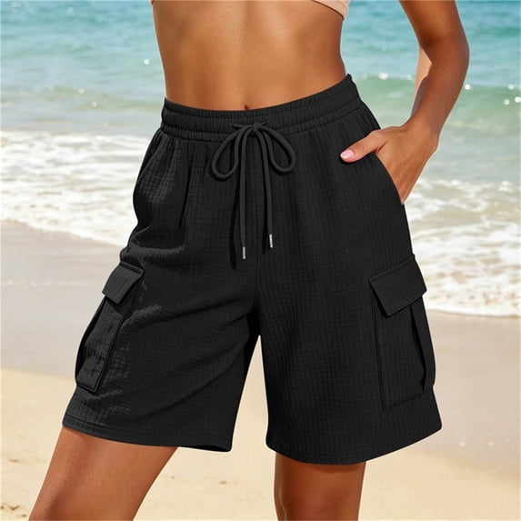 BADHUB Women Cargo Shorts with Multi Pockets Elastic Waist Drawstring Comfy Outdoor Bermuda with Pockets Black L