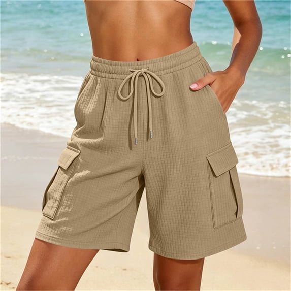 BADHUB Women Cargo Shorts with Multi Pockets Elastic Waist Drawstring Comfy Outdoor Bermuda with Pockets Khaki XXL