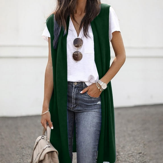 BADHUB Women Casual Sleeveless Cardigan Open Front Tunic Vest Long Shawl Tops Coat Green M