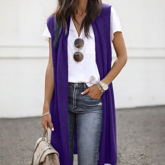 BADHUB Women Casual Sleeveless Cardigan Open Front Tunic Vest Long Shawl Tops Coat Purple S