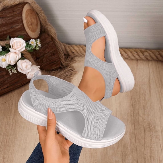 BADHUB Women Comfortable Sandals with Arch Support Wedge Sandals Open Toe Knit Mesh Orthopedic Sandal Casual Summer Vacation Beach Party Gray 38
