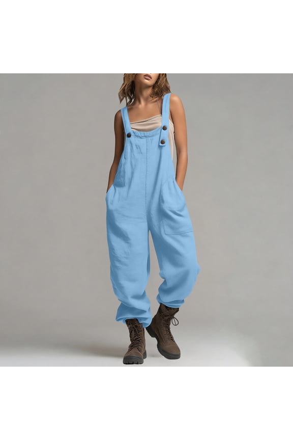 Women Cotton Linen Jumpsuits Rompers Spaghetti Straps Casual Harem Long Bib Pants Summer Baggy Overalls with Pockets Light Blue S