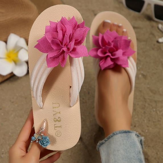 BADHUB Women Flower Sandals Dressy Flip Flops Non Slip Summer Thong Beach Slides Casual Vacation Outdoor Flat Sandals Hot Pink 40