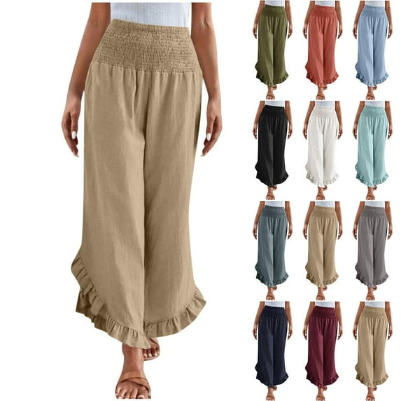 BADHUB Women Linen Pants Summer Wide Leg Pants Smocked Waist Ruffle Hem Palazzo Pant Boho Flowy Beach Pant with Pocket 2025 Light Blue L