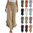 thumbnail image 1 of BADHUB Women Linen Pants Summer Wide Leg Pants Smocked Waist Ruffle Hem Palazzo Pant Boho Flowy Beach Pant with Pocket 2025 Light Blue XXL, 1 of 9