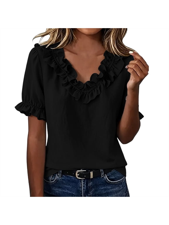 Women Ruffled Tops V Neck Puffed Sleeve Short Sleeve Loose Fit Dressy Blouse Lightweight Summer Casual Shirts Black XXL