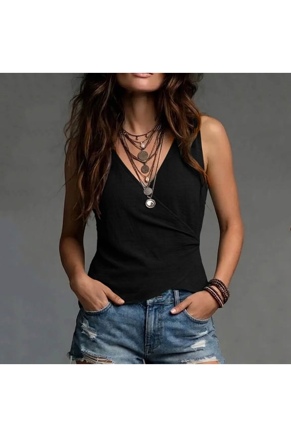 Women Sleeveless Blouse Wrap Tank Tops V Neck Ruched Tops Cross Front Dressy Casual Shirt Top Wrap Shirts Black XXL