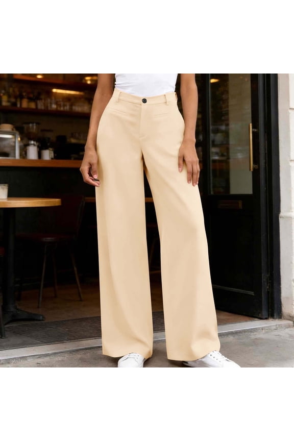 Women Straight Leg Pant Casual Loose Fit Wide Leg Twill Chino Pant High Waisted Outdoor Trousers with Pockets Beige L