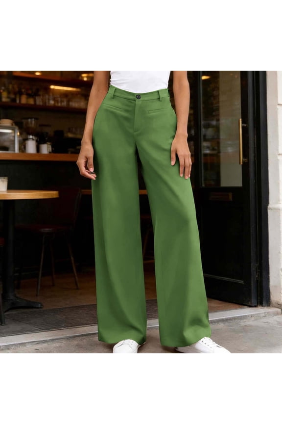 Women Straight Leg Pant Casual Loose Fit Wide Leg Twill Chino Pant High Waisted Outdoor Trousers with Pockets Green S