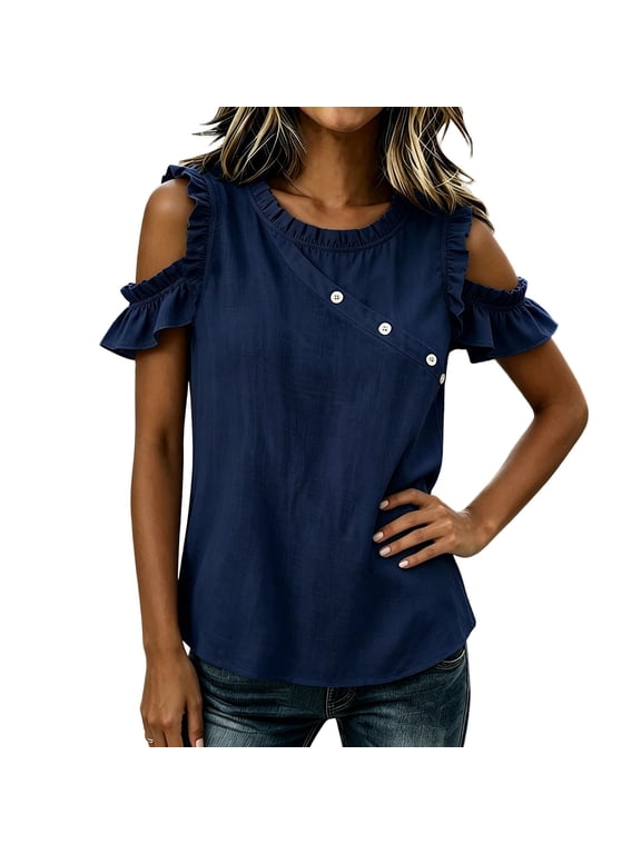 Women Summer Cold Shoulder Short Sleeve Shirt Casual Loose Fit Ruffle Crewneck T Shirt Dressy Beach Tunic Tops Navy L