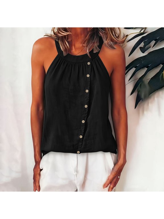 Women Summer Halter Tank Tops Loose Fit Pleated Criss Cross Button Down Sleeveless Tops Side Split Casual Tanks Black M