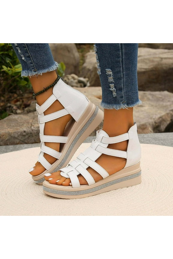 Women Thick Soles Wedge Sandals 2025 Comfortable Rhinestones Open Toe Back Zipper Comfortable Lightweight Beach Walking Shoes White 36