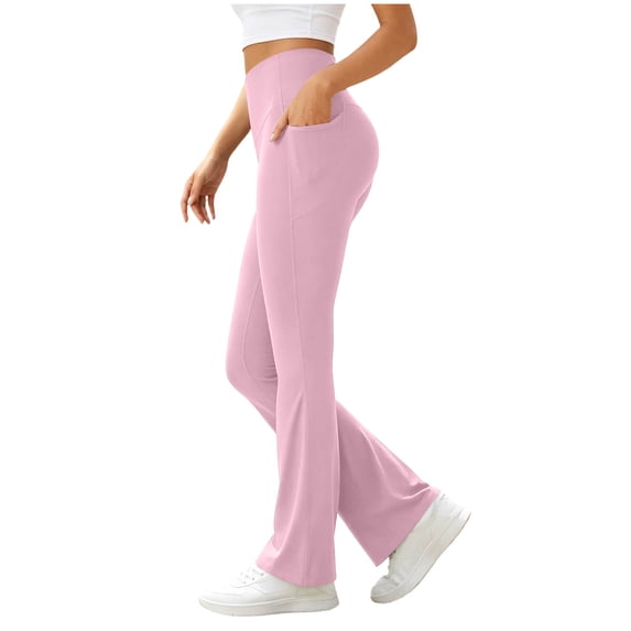 BADHUB Women Yoga Pants with Pockets Bell Bottom High Waist Tummy Control Pant Workout Sport Solid Pant Pink XL