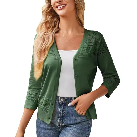 BADHUB Women's 2025 Cropped Cardigan 3/4 Sleeve Lightweight Crochet Shrug Hollowed-Out Knit Sweater Tops Army Green M