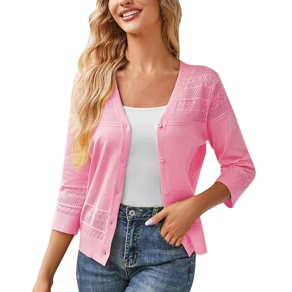 BADHUB Women's 2025 Cropped Cardigan 3/4 Sleeve Lightweight Crochet Shrug Hollowed-Out Knit Sweater Tops Pink 2XL