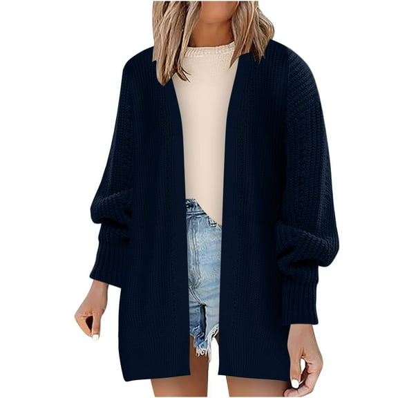 BADHUB Women's 2025 Open Front Chunky Cardigans Lantern Long Sleeve Oversized Knit Outwear with Pocket Dark Blue XL