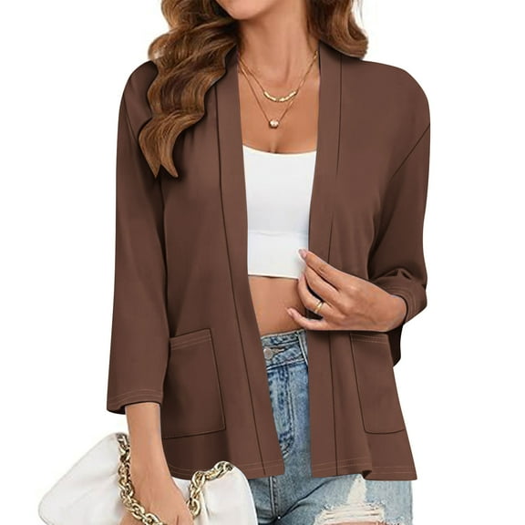 BADHUB Women's 3/4 Sleeve Cardigan Lightweight Open Front 2025 Spring Fall Casual Loose Split Hem Shrug with Pockets 2025 Coffee S