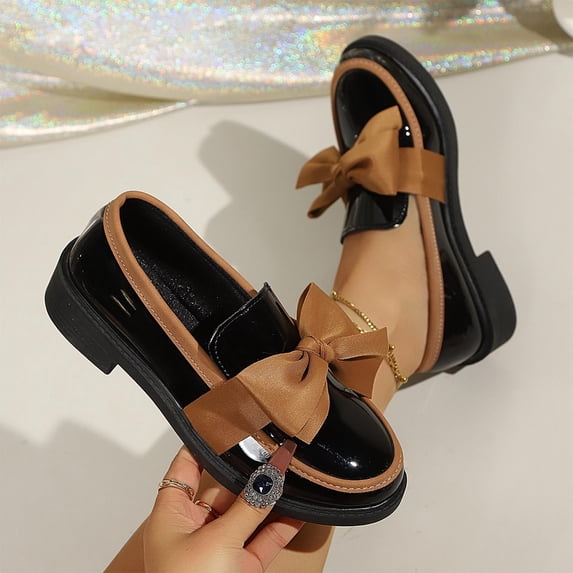 BADHUB Women's Bowknot Thick Sole Loafers Work Office Business Casual Casual Patent Leather Dress Shoes Cushioned Chunky Heel Daily Wear Black 37