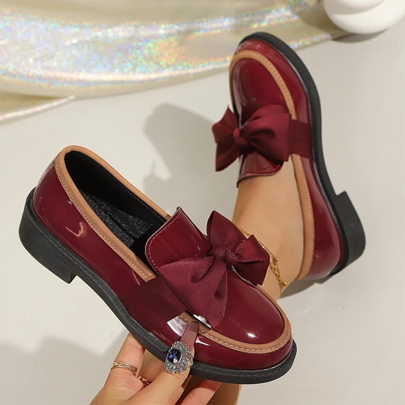 BADHUB Women's Bowknot Thick Sole Loafers Work Office Business Casual Casual Patent Leather Dress Shoes Cushioned Chunky Heel Daily Wear Wine 37